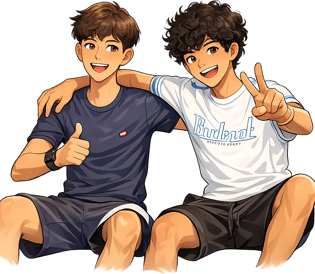 Lorenzo ed Enea in versione cartoon, abbracciati e sorridenti